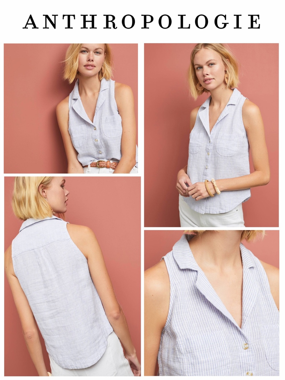 Anthropologie Maeve Felicity Sleeveless Cotton Linen Blend Button-Up Size 4 NWT